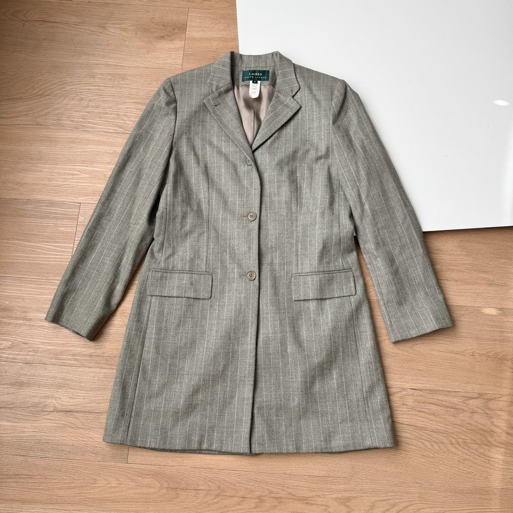 Lauren Ralph Lauren Grey Pinstripe Longline Blazer Jacket Size 10 Wool Blend VTG